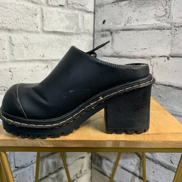 Vintage Y2K Nevada Chunky Heel Platform Mules 5 Black Leather Slip On Shoes 90s - Picture 5 of 13
